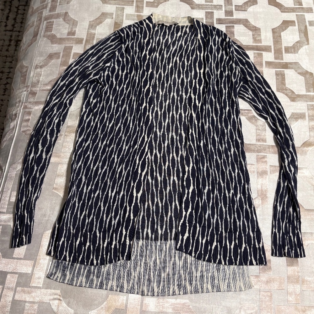 LOFT Petite Navy Ikat Sheer Open Cardigan, Size XXS Petite